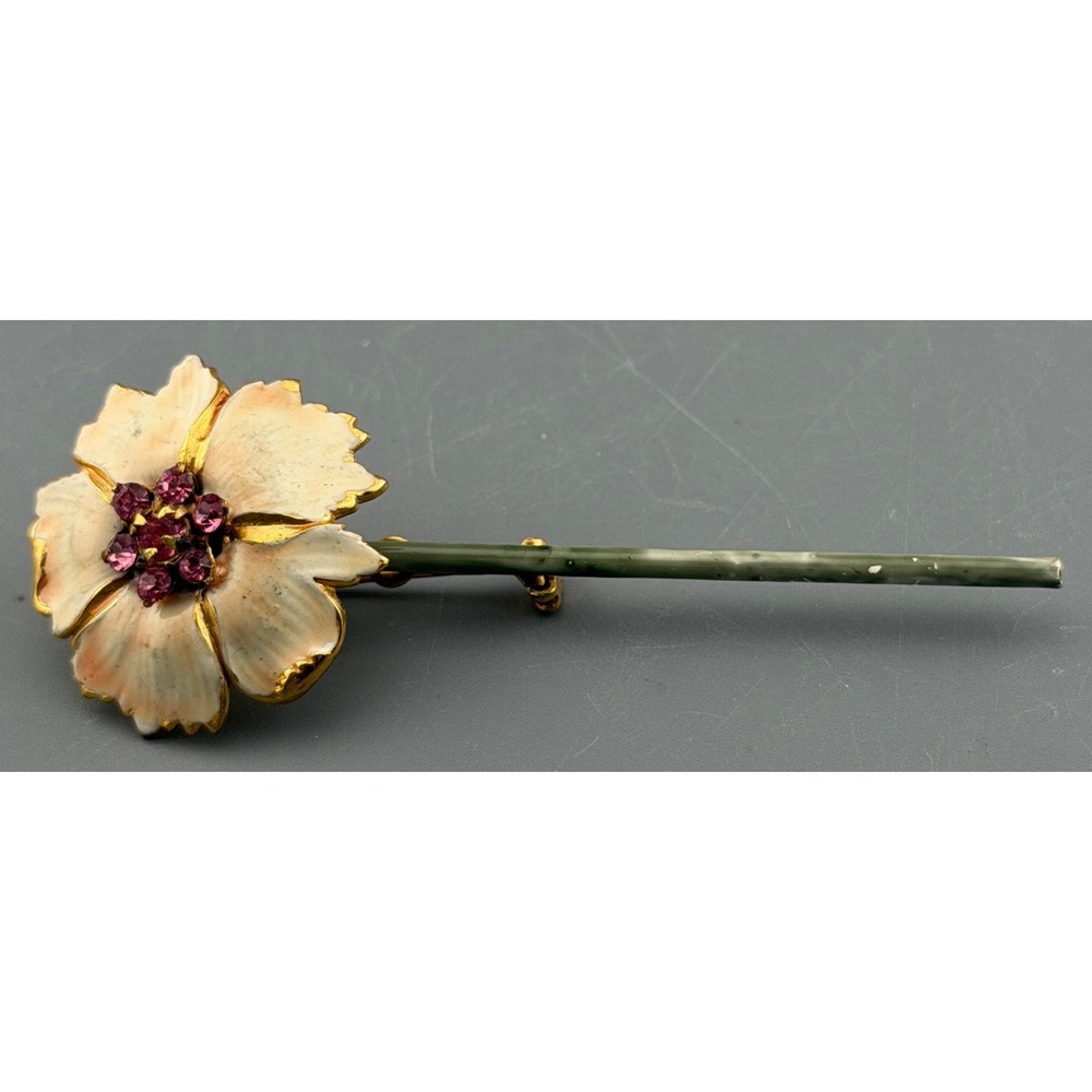 Vintage Sandor Flower Brooch Peach Enamel Pink Rhinestones Long Stem 3.25"